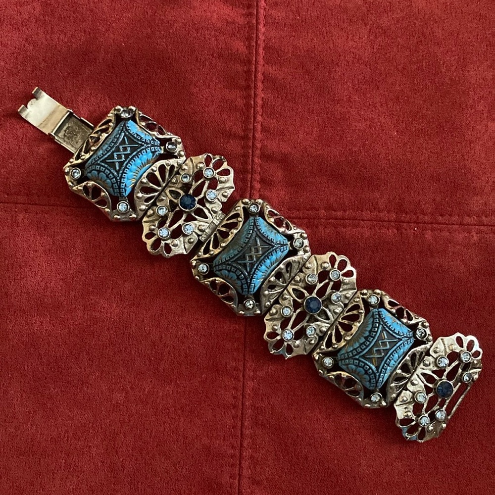 Vintage Blue Glass and Rhinestone Panel Link Bracelet